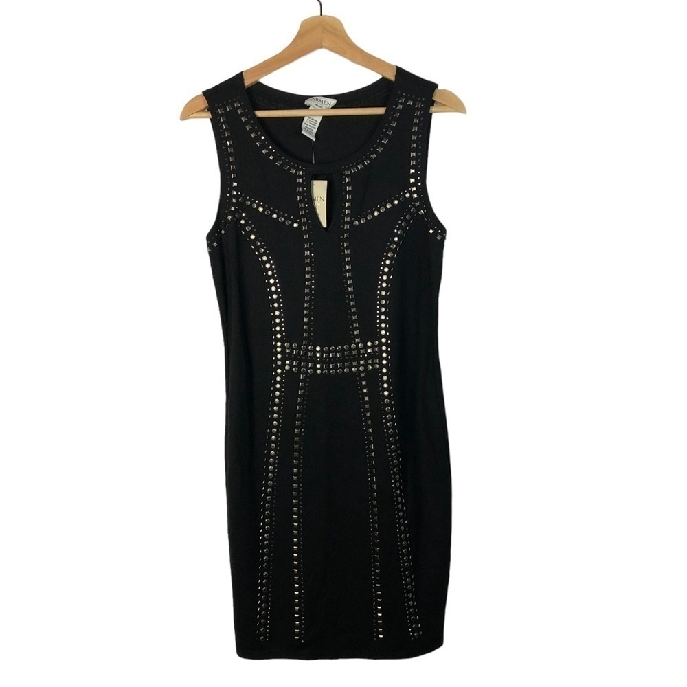 Carmen Marc Valvo Black Gold Studded Sleeveless Sheath Dress S